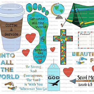 Op de afbeelding: Een set kleurrijke digitale stickers met christelijke thema's. De stickers bevatten een koffiebeker met de woorden "Coffee & Service", een voetafdruk met de woorden "Go into all the World & Preach the Gospel", een kruis, een tent, een ansichtkaart, een voetafdruk met de woorden "Beautiful Feet", een label met de woorden "Go with God", een hart en een pijl met de woorden "Send Me Isaiah 6:8".