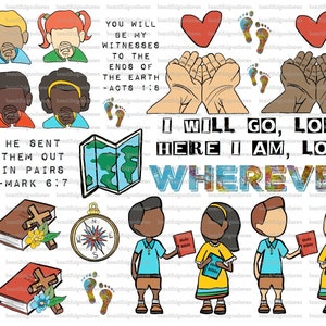 Op de afbeelding: Kleurrijk digitaal clipart met illustraties van kinderen, een kompas, een kaart, een kruis, een bijbel en voetafdrukken. De tekst "U zult mijn getuigen zijn tot aan de einden der aarde - Handelingen 1:8" en "Hij zond hen uit in paren - Markus 6:7" is inbegrepen. De tekst "Ik zal gaan, Heer, hier ben ik, Heer, waar dan ook" is ook inbegrepen.
