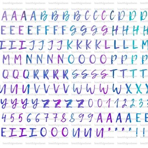 May include: A sheet of colorful alphabet and number stickers with a watercolor effect. The letters and numbers are in a handwritten style and are arranged in rows. The colors are a mix of blues, purples, and pinks.