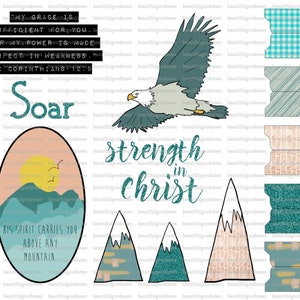 Eagles, Isaiah 40, bible journaling, traceable, printable, faith, christian, trust in him, strength, sticker, art, teal, mint, pink
