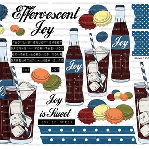 Puede incluir: Un collage digital de imágenes que presenta un vaso de cola con hielo, una botella de cola con la palabra "Joy" en ella, y varios tapones de botella. El texto "Effervescent Joy" está escrito en una fuente grande y decorativa. El texto "Go and enjoy sweet drinks for the joy of the Lord is your strength" también está incluido. El texto "Joy is sweet" está escrito en una fuente decorativa. El texto "Joy is sweet" está escrito en una fuente decorativa. El texto "James 1:2-3, Rom 15:13, John 16:22, Is 35:10, Ps 16:11, Ps 28:7, Neh 8:10" también está incluido.