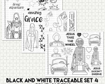 Black and White Bible Journaling Traceable Set 4, beautifulgoodnews, Jesus Take the Wheel, Amazing Grace, Jesus Superhero, Trace Your Faith