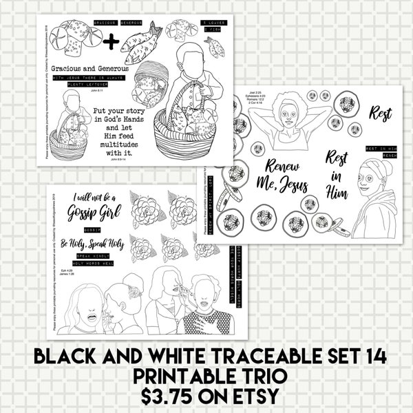 Black and White Bible Journaling Traceable Set 14, beautifulgoodnews, Renew Me, Loaves and Fishes, Gossip Girl, Trace Your Faith