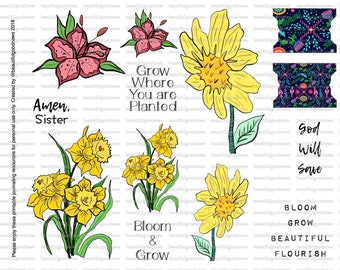 Flowers, daisy, daffodil, lily, spring, bible journaling, traceable, printable, art, faith, christian, garden, amen