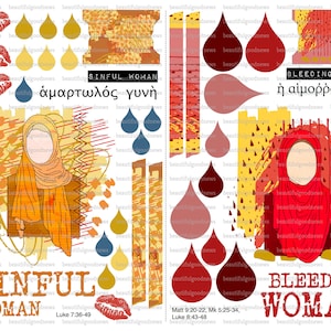 May include: A digital printable sheet with two illustrations of women wearing headscarves. The woman on the left is labeled "Sinful Woman" with the text "ἁμαρτωλός γυνὴ" and the scripture reference "Luke 7:36-49". The woman on the right is labeled "Bleeding Woman" with the text "ἡ αἰμοῤῥοοῦσα" and the scripture references "Matt 9:20-22, Mk 5:25-34, Luke 8:43-48".