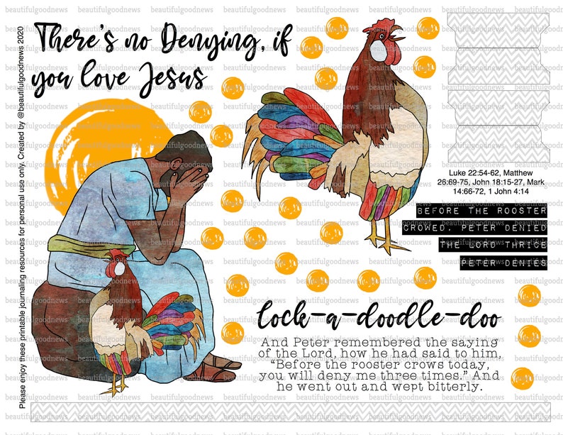 Pedro y el gallo, Pascua, Jesús orando, hermosas buenas noticias, diario bíblico, rastreable, imprimible, fe, cristiano, pegatina, arte imagen 2