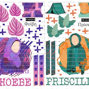 Puede incluir: Una hoja imprimible digital con ilustraciones coloridas de dos mujeres con pañuelos en la cabeza, una tienda de campaña, hojas y signos más. Los nombres "PHOEBE" y "PRISCILLA" están escritos en letras grandes en la parte inferior de la hoja. El texto "Φοίβη" y "Πρίσκιλλα" también está incluido.