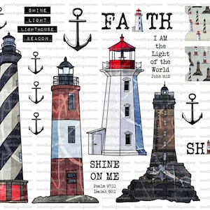 Könnte beinhalten: Eine digitale Collage aus Aquarell-Illustrationen mit Leuchttürmen, Ankern und inspirierenden Zitaten über Glauben und Licht. Der Text beinhaltet "Shine Light Lighthouse Beacon", "Faith", "I Am the Light of the World John 8:12", "Jesus Light the Way 2 Sam 22:29 Psalm 27:1", "Shine", "Shine On Me Psalm 97:11 Isaiah 60:1", und "Let your light shine Matt 5:16".