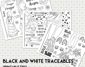 Black and White Bible Journaling Traceable Set, beautifulgoodnews, Walk in Him, Touch of Faith, Pray Boldly, Trace Your Faith, bible art