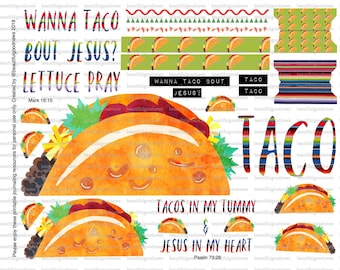 Taco bout Jesus, Taco, bible journaling, traceable, printable, faith, christian, sticker, art, rainbow