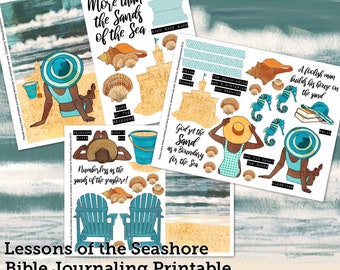 May include: A printable set of Bible journaling pages with a beach theme. The pages feature illustrations of seashells, sandcastles, and people on the beach. The text on the pages includes Bible verses about the sea and sand. The pages are designed to be used for journaling, scrapbooking, or other creative projects.