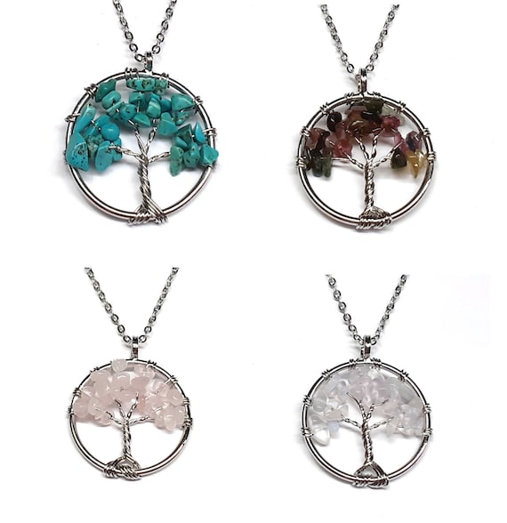 Chakra Tree of Life Natural Stone Chip Pendant and Keychain Gift Jewelry Reiki