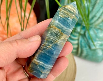 Lemurian Aquatine Calcite Tower - 3.5" - Lemurian Aquatine Calcite Point, Blue Onyx, Argentinian Calcite, Calcite Crystals, #3