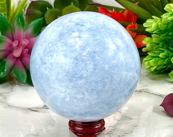 Large Blue Calcite Crystal Sphere, 76 mm, Stand Included, Blue Calcite Sphere, Blue Calcite Crystal Ball, Blue Calcite Crystal, Crystals #1A