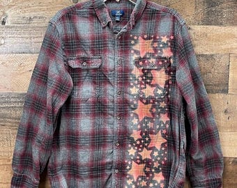 Bleached Stars Flannel Shirt / Black Gray Burgundy / Large