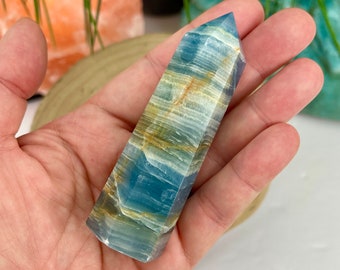 Lemurian Aquatine Calcite Tower - 3.5" - Lemurian Aquatine Calcite Point, Blue Onyx, Argentinian Calcite, Calcite Crystals, #1