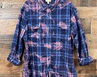 Bleached Tie Dye Flannel Shirt / Distressed / Oversized / Shacket / Upcycled Flannel / Boho / Plaid / Dip Dye / Grunge / 80 90 / Gift / XL
