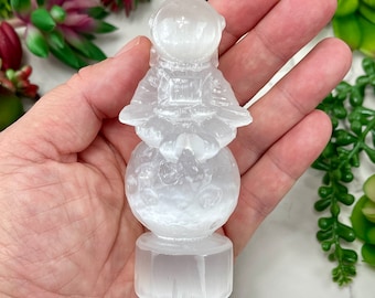 Carved Selenite Astronaut Sitting On Moon, Carved Selenite Astronaut, Satin Spar, Selenite Crystal, Crystal Astronaut Carving