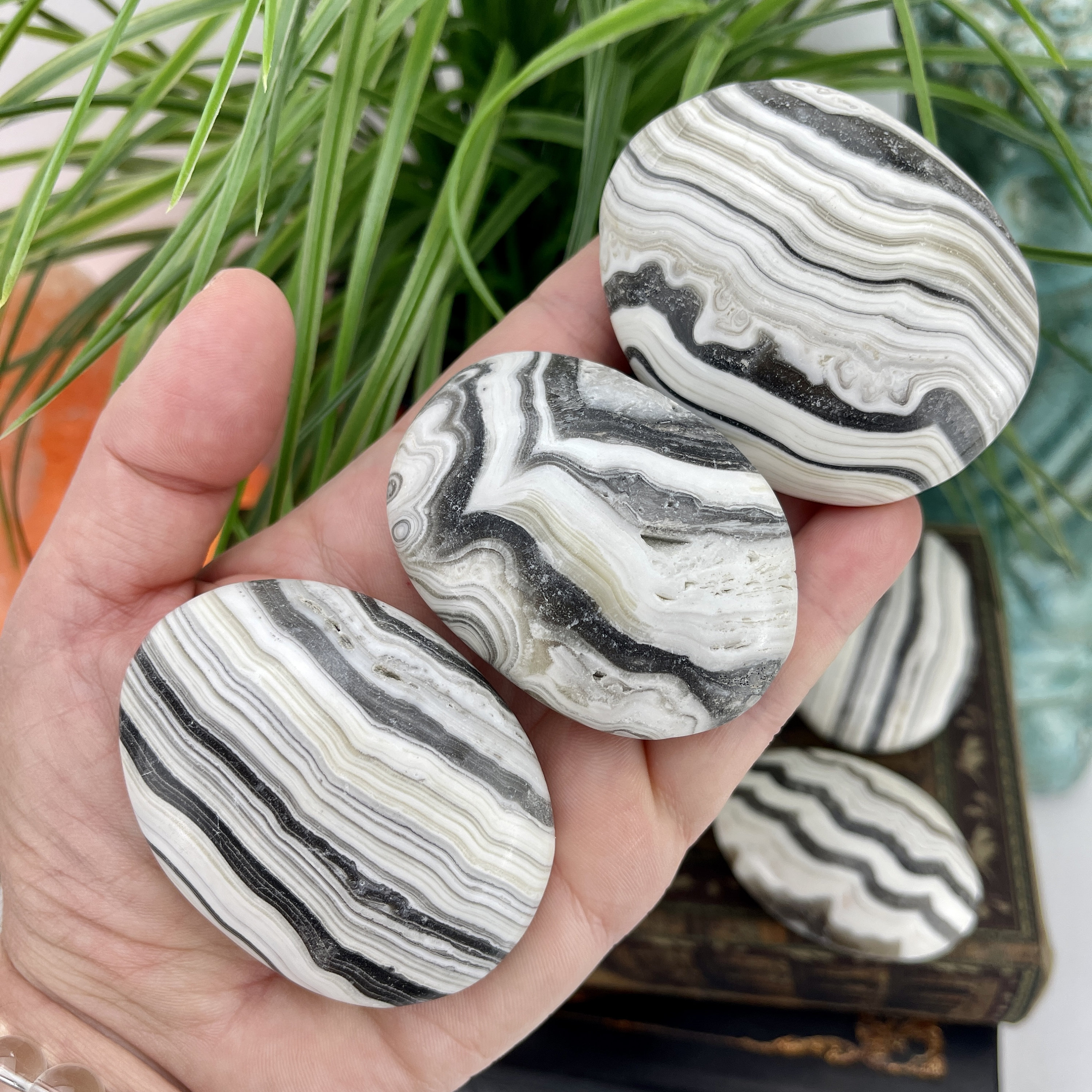 Zebra Calcite Palm Stones, Phantom Calcite Palm Stones, Worry