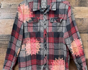 Bleached Mandala Flannel Shirt / Gray Black Red / Medium