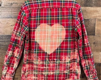 Bleached Heart Flannel Shirt / Red, Blue, Green / Large