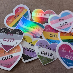 May include: A collection of heart-shaped stickers with rainbow pride flags and the text "I'm cute, not confused!" in various colors and fonts.