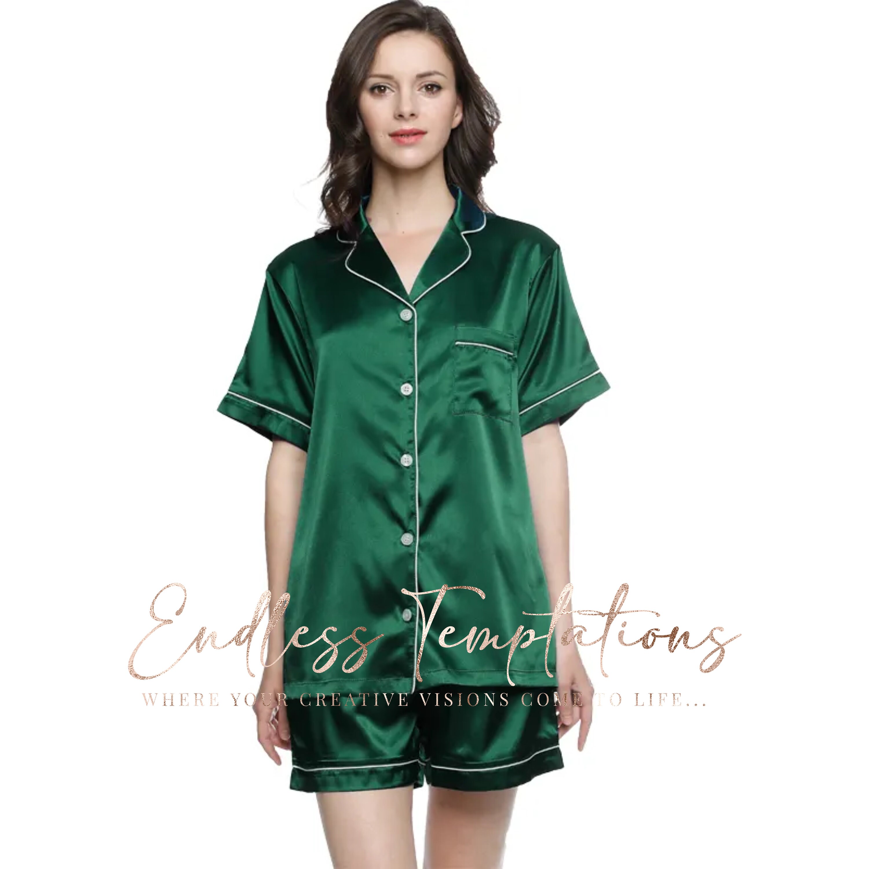 Gifts for Her Satin Pajamas Emerald Green Matte Silk PJ Set for Women With  Silk Eye Mask 