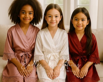 Kids Satin Lace-Trim Robe –  Flower Girl Robe | Junior Bridesmaid | Matching Family Robe | Birthday Gift