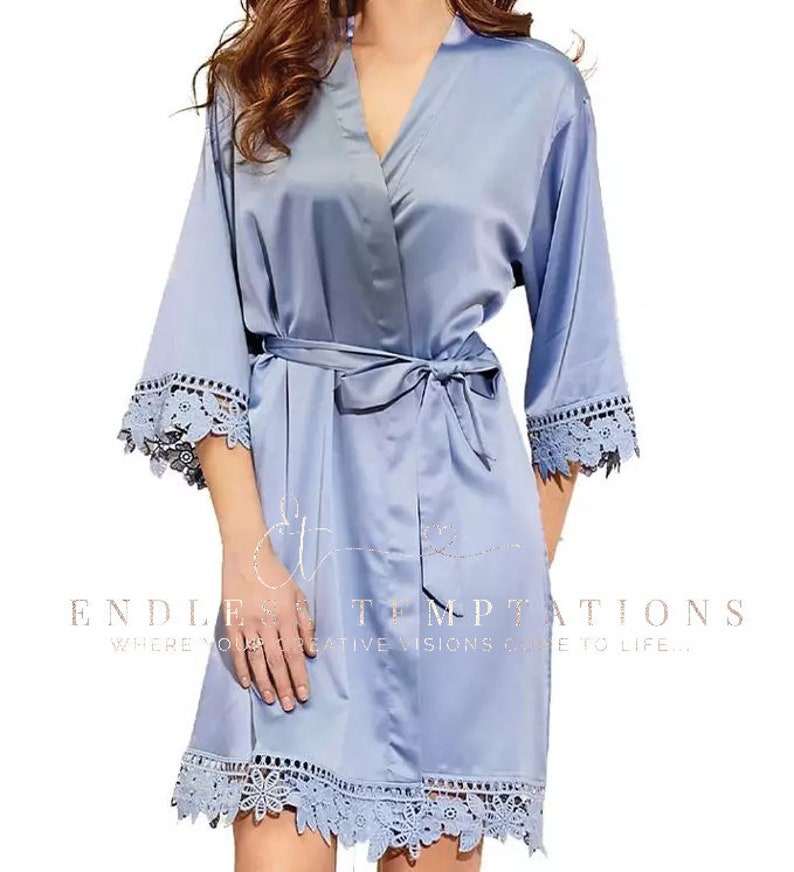 DUSTY BLUE Satin Rose Lace Robe Bride Bridesmaids Bridal Etsy