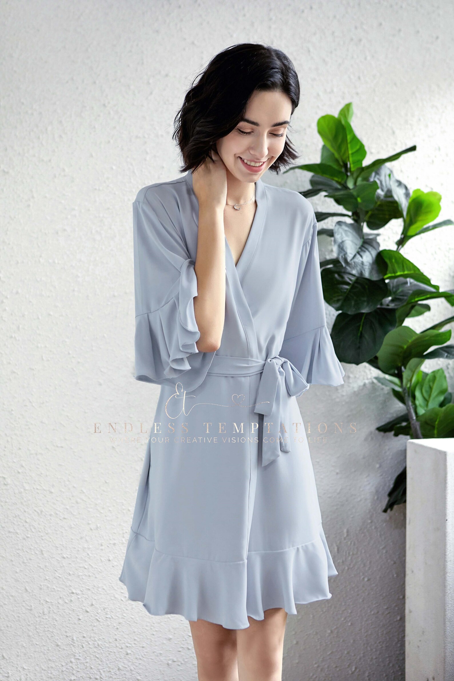 PLAIN DUSTY BLUE Ruffle Lace Robe Bridesmaid Gifts Chiffon Etsy
