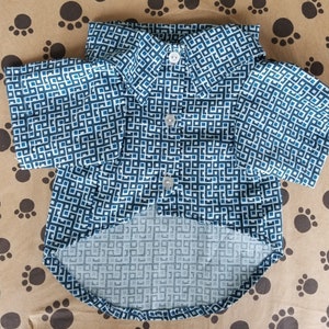 Op de afbeelding: Een blauw en wit gepatroneerd hondenshirt met een kraag en knoopsluiting.