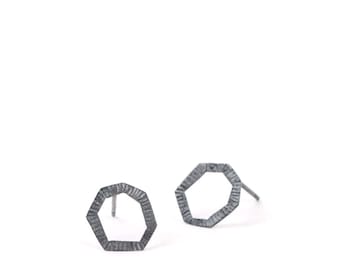 Hexagon - Oxidised silver earring studs