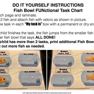 May include: A printable chart with two fish bowls and two fish. The fish bowls have the words "All Done!" written on them. The fish bowls are labelled with the tasks "Make Bed" and "Set Table".