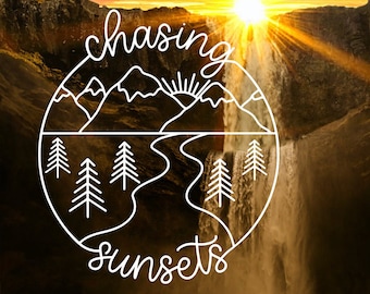 Chasing Sunsets Vinyl Decal: Mountain Line Art for Car, Laptop