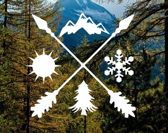 Mountain Icon Vinyl Decal | Crossed Arrows with Icons Decal | Mountain Icon Decal for Laptop Car Ice Chest Mirror Window Kayak and More