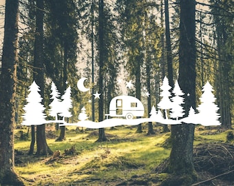 Camping Scene Vinyl Decal | Design Choices, Tent Bear Family or Camper | Long design for short spaces vinyl decal | Camping under the stars