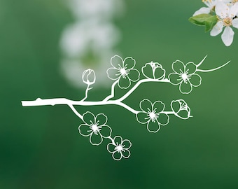 May include: A white outline of a blooming cherry blossom branch with five flowers on a green background.