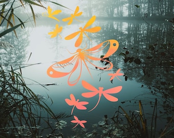 Holographic Dragonfly Swarm Vinyl Decal | Opal or Luster Swarm of Flying Dragonflies Decal | Decal for Laptop Tablet Kayak Phone Car Window