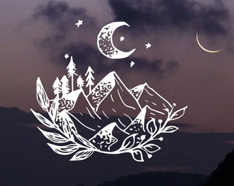 Starry Night in the Mountains Decal | Vinyl Decal Mountain with Moon Hand Drawn Decal | Decal for Car Boat Window Mirror Ice Chest Etc.