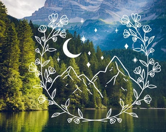Starry Night Mountain Vinyl Decal: Hand Drawn Moon Car/Window Sticker