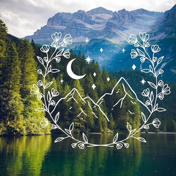 Starry Night Mountain Vinyl Decal: Hand Drawn Moon Car/Window Sticker