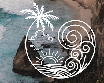 Line Art Surf Vinyl Decal: Sun, Waves, Palm Tree