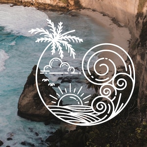 Line Art Surf Vinyl Decal: Sun, Waves, Palm Tree