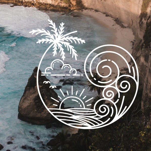 Line Art Surf Vinyl Aufkleber: Sonne, Wellen, Palme