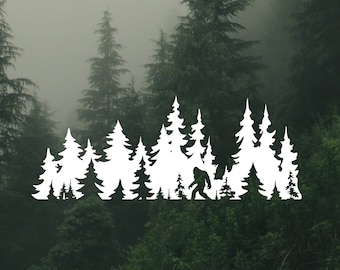 Sasquatch in Pine Forest Vinyl Decal: Laptop, Car, Camper