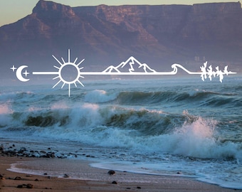 Wilderness Arrow Vinyl Decal: Sun, Mountain, Wave, Pines,