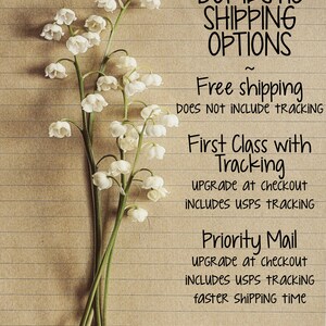 May include: A close-up of a handwritten note on lined paper with the text "Domestic Shipping Options" and details about free shipping, first class shipping with tracking, and priority mail. The note is decorated with a bouquet of white lily of the valley flowers.