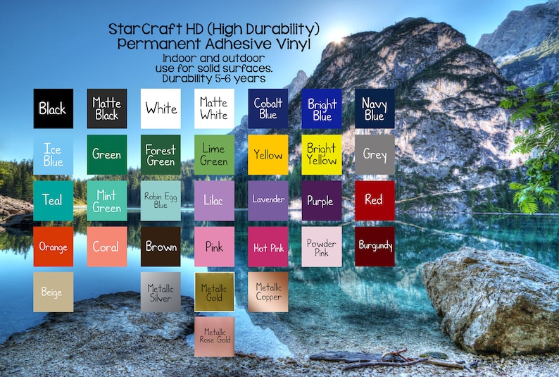 May include: A chart of colour swatches for vinyl decals. The colours include black, white, blue, green, yellow, red, pink, brown, orange, beige, silver, gold, copper, and rose gold. The chart is set against a backdrop of a mountain lake.