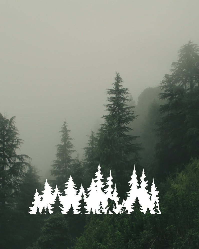 May include: A white silhouette of Bigfoot walking through a forest of pine trees. The trees are silhouetted against a foggy background.