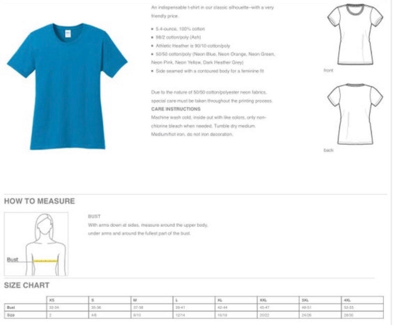 May include: A size chart for a t-shirt with measurements in inches. The chart shows the bust size for each size from XS to 4XL. The chart also includes the size number for each size.